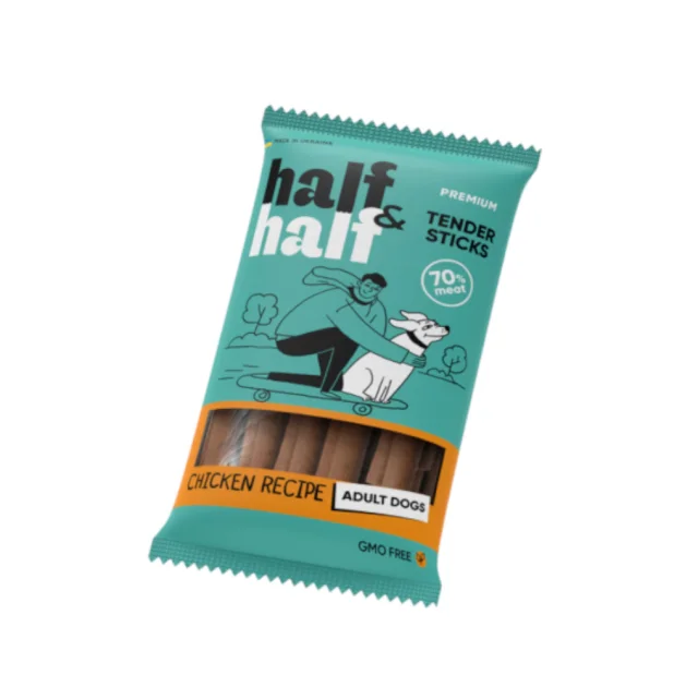 Ласощі Half&Half для собак, у формі м'ясних паличок, з куркою, 100 г
