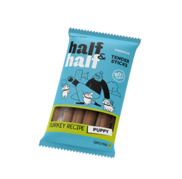 Ласощі Half&Half для цуценят, у формі м'ясних паличок, з індичкою, 100 г