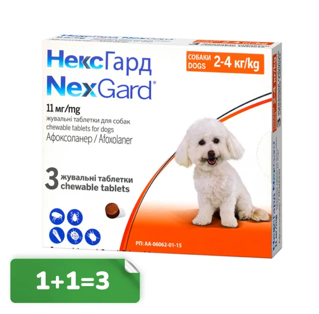 Акция 1+1=3! Таблетки Boehringer Ingelheim NexGard от блох и клещей для собак S, 2-4 кг