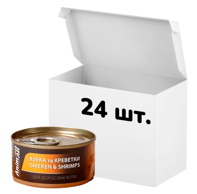Упаковка консервов AnimAll для кошек, курица с креветками, 85 г, 24 штуки