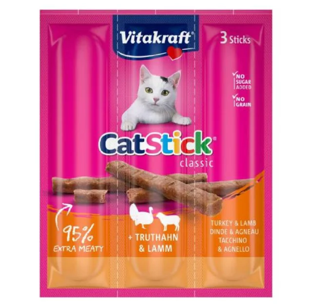Ласощі Vitakraft, для котів, м'ясні палички з індичкою та ягням 3 шт × 6 г