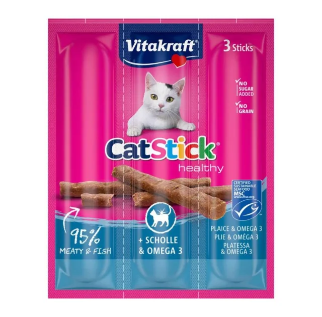 Ласощі Vitakraft, для котів, м'ясні палички з камбалою та Омега-3, 3 шт × 6 г