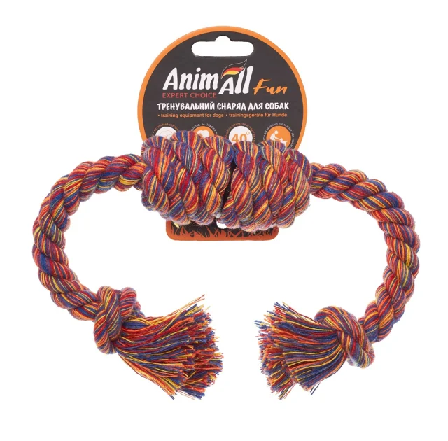 Игрушка AnimAll Fun канат-бочка с двумя узлами для собак, разноцветная, 36 см