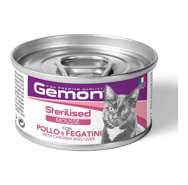 Консервы Gemon Cat Wet Sterilised мясной мусс для стерилизованных кошек, курица и ливер, 85 г