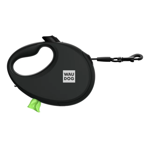 Повідець-рулетка Waudog R-leash для собак, з контейнером для пакетів, світловідбивна стрічка, S, до 12 кг, 3 м, чорний