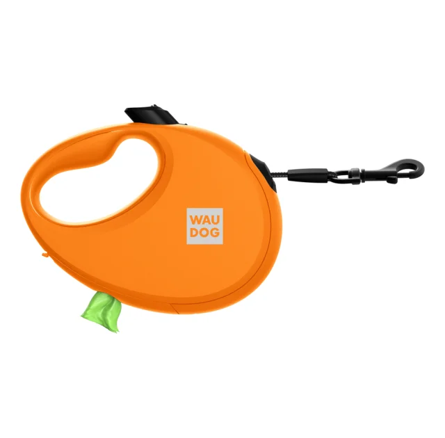 Поводок-рулетка Waudog R-leash для собак с контейнером для пакетов, светоотражающая лента, L, до 40 кг, 5 м, оранжевый