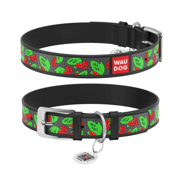 Нашийник Waudog Design з QR паспортом малюнок "Калина" для собак шкіряний, S, ширина 15 мм, довжина 26-35 см, чорний