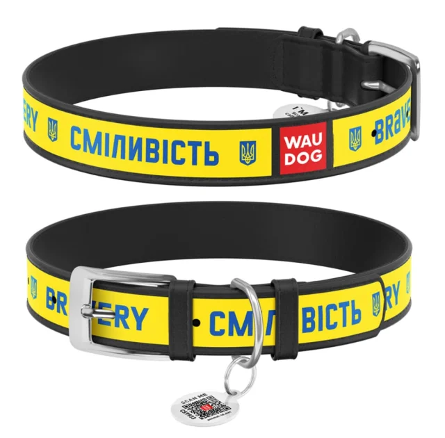 Нашийник шкіряний Waudog Design з QR паспортом для собак, малюнок "Сміливість" XS,15 мм/26-35 см, чорний