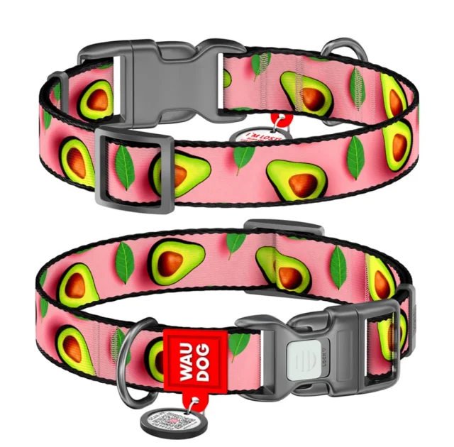 Нашийник Waudog Nylon з QR паспортом для собак нейлоновий, малюнок "Авокадо на рожевому",  М, ширина 20 мм, довжина 28-40 см