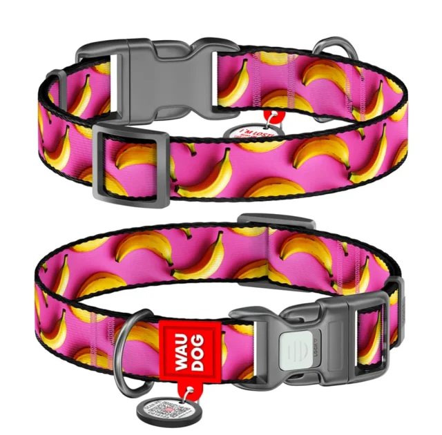 Нашийник Waudog Nylon з QR паспортом для собак нейлоновий, малюнок "Банани на рожевому",  М, ширина 20 мм, довжина 28-40 см