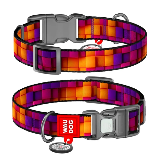 Нашийник Waudog Nylon з QR паспортом для собак нейлоновий , малюнок "Куби 3Д",  L, ширина 25 мм, довжина 33-49 см