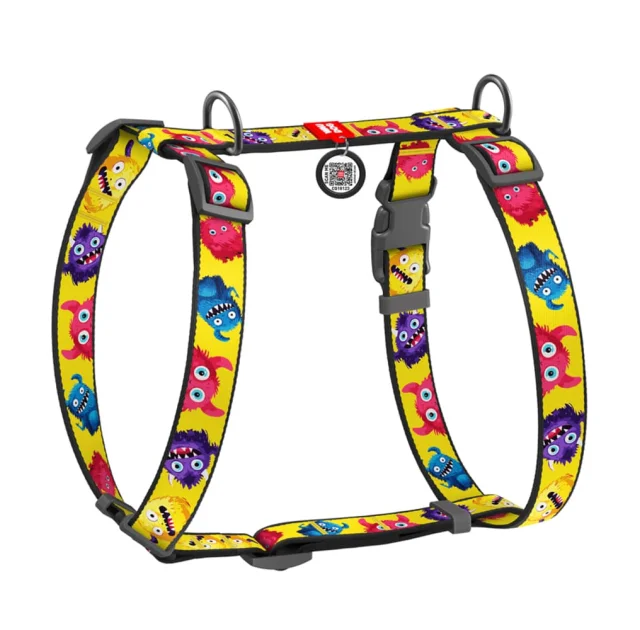 Шлея анатомічна H-подібна Waudog Nylon для собак з QR-паспортом, малюнок "Мохнаті монстри",  L, Ш 25 мм, А 50-90 см, В 60-100 см