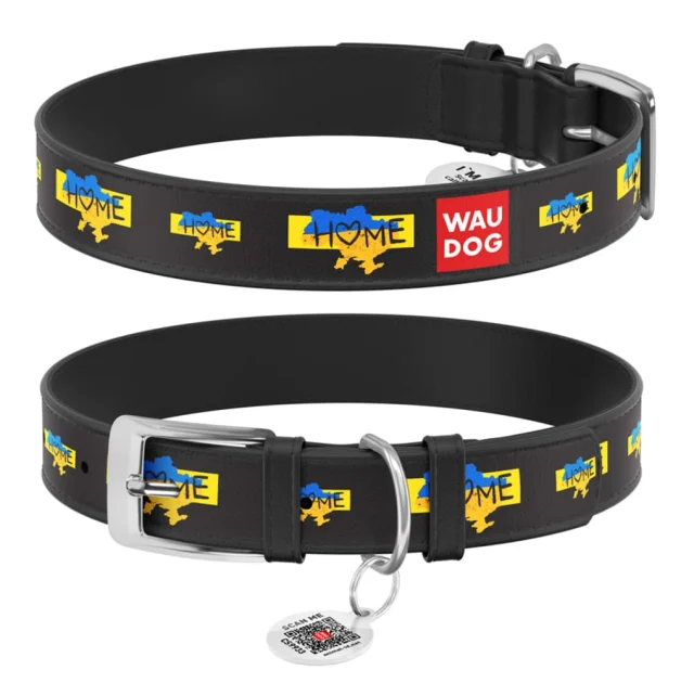 Нашийник шкіряний Waudog Design з QR паспортом для собак, малюнок "Дім", M,20мм/29-38 см, чорний