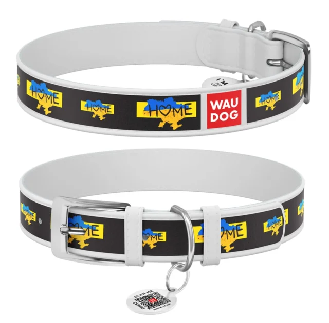 Нашийник шкіряний Waudog Design з QR паспортом для собак, малюнок "Дім", XXS, 12 мм/18-24 см, білий