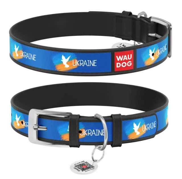 Нашийник шкіряний Waudog Design з QR паспортом для собак, малюнок "Прапор", XL, 35 мм/46-59 см, чорний