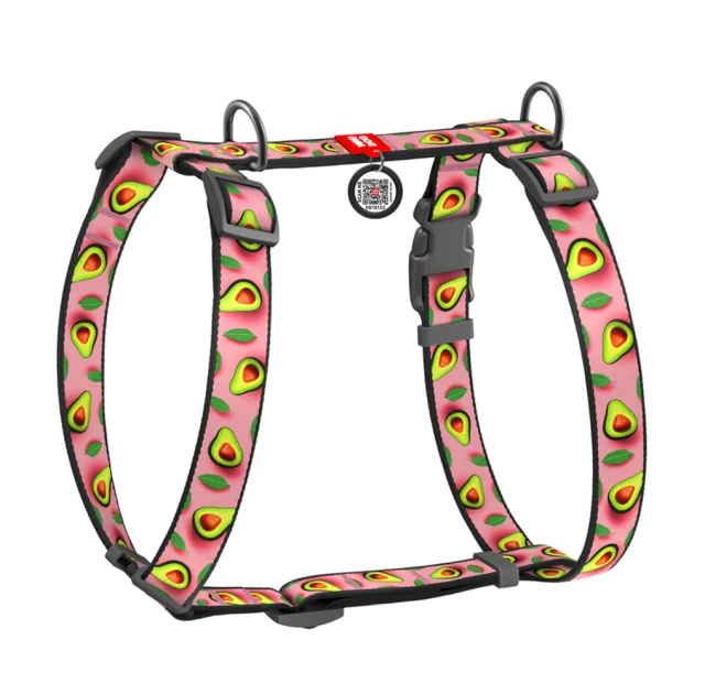 Шлея анатомическая H-образная Waudog Nylon для собак с QR-паспортом, рисунок "Авокадо на розовом",  S, Ш 15 мм, A 30-40, B 30-50