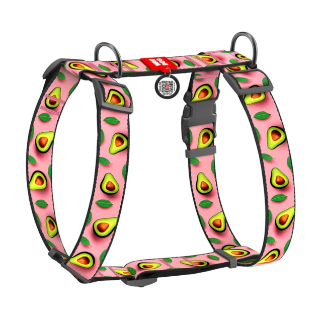 Шлея анатомічна H-подібна Waudog Nylon для собак з QR-паспортом, малюнок "Авокадо на рожевому",  XL, Ш 35 мм, А 55-95 см, В 70-110 см