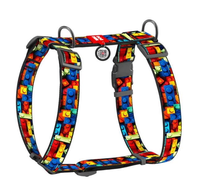 Шлея анатомічна H-подібна Waudog Nylon для собак з QR-паспортом, малюнок "Блоки",  XL, Ш 35 мм, А 55-95 см, В 70-110 см