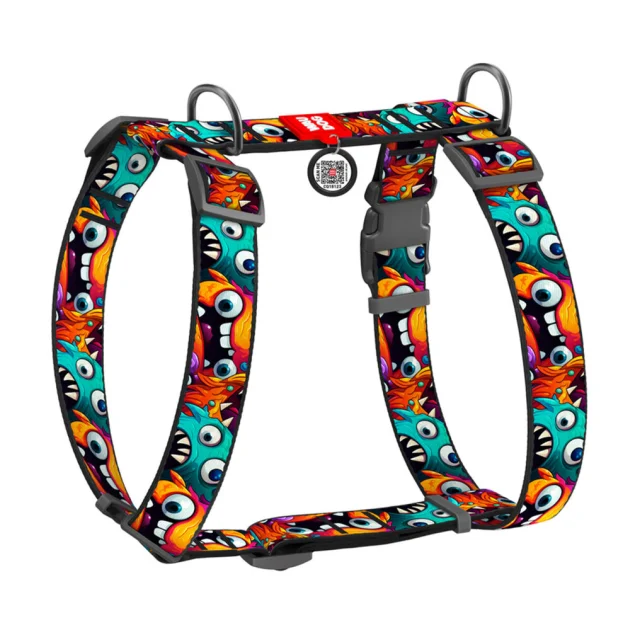 Шлея анатомічна H-подібна Waudog Nylon для собак з QR-паспортом, малюнок "Зубасті монстри",  XL, Ш 35 мм, А 55-95 см, В 70-110 см
