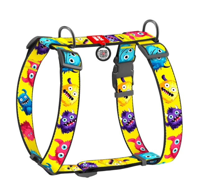 Шлея анатомическая H-образная Waudog Nylon для собак с QR-паспортом, рисунок "Мохнатые монстры",  XL, Ш 35 мм, А 55-95 см, В 70-110 см