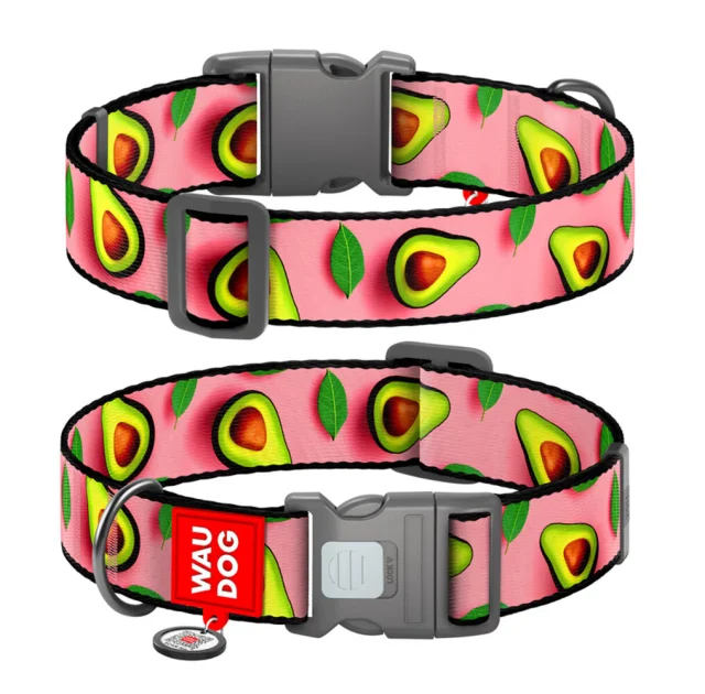 Нашийник Waudog Nylon з QR паспортом для собак, малюнок "Авокадо на рожевому",  нейлоновий, XXL, ширина 35 мм, довжина 46-70 см
