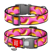 Нашийник Waudog Nylon з QR паспортом для собак, малюнок "Банани на рожевому",  нейлоновий, XXL, ширина 35 мм, довжина 46-70 см