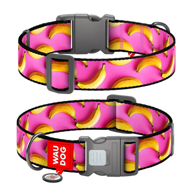 Нашийник Waudog Nylon з QR паспортом для собак, малюнок "Банани на рожевому",  нейлоновий, XXL, ширина 35 мм, довжина 46-70 см