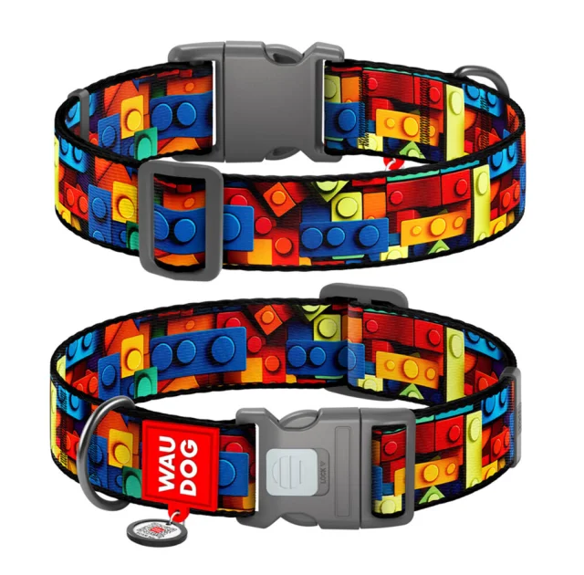Нашийник Waudog Nylon з QR паспортом для собак, малюнок "Блоки",  нейлоновий, XXL, ширина 35 мм, довжина 46-70 см