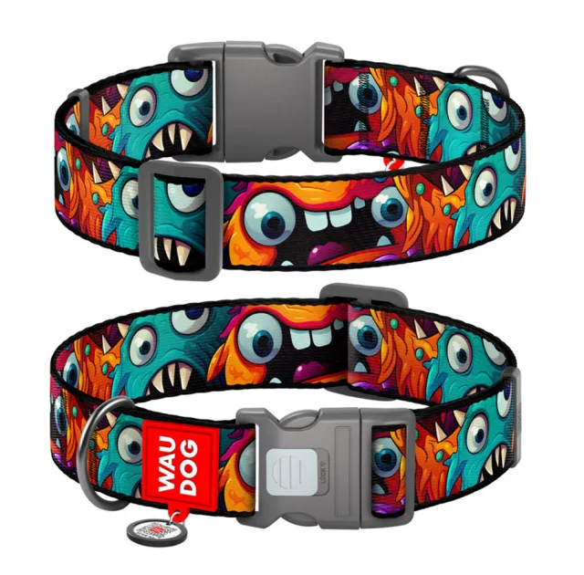 Нашийник Waudog Nylon з QR паспортом для собак, малюнок "Зубасті монстри",  нейлоновий, XXL, ширина 35 мм, довжина 46-70 см