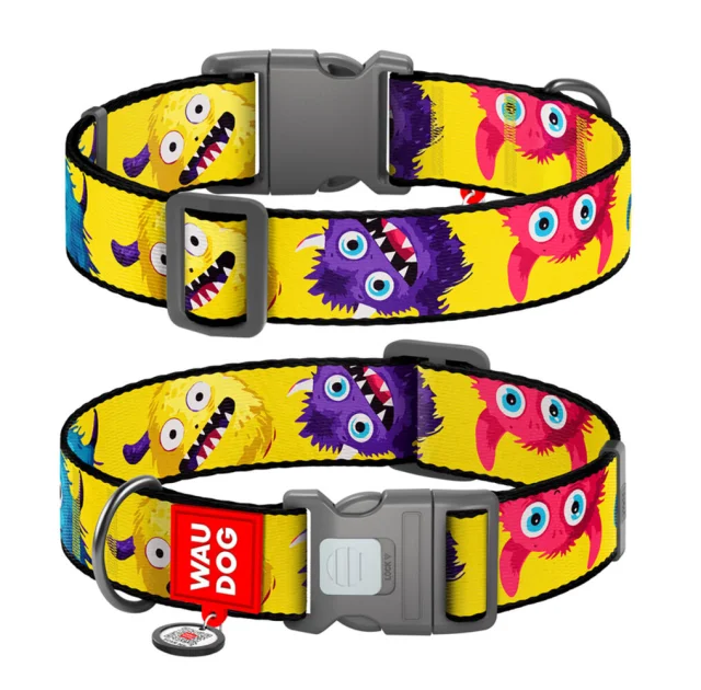 Нашийник Waudog Nylon з QR паспортом для собак, малюнок "Мохнаті монстри",  нейлоновий, XXL, ширина 35 мм, довжина 46-70 см