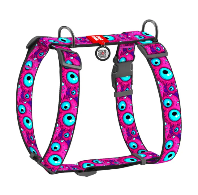 Шлея анатомічна H-подібна Waudog Nylon для собак з QR-паспортом, малюнок "Око монстра",  XL, Ш 35 мм, А 55-95 см, В 70-110 см