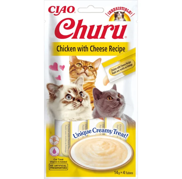 Ласощі Inaba Churu для котів, вершковий мус в стіках, курка з сиром, 4×14 г
