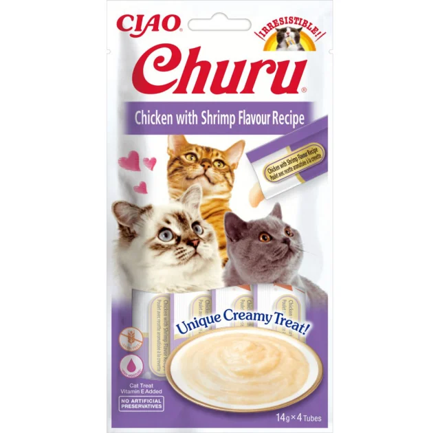 Ласощі Inaba Churu для котів, вершковий мус в стіках, курка, креветка, 4×14 г
