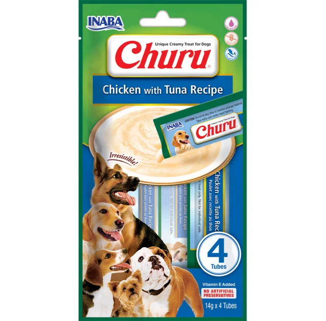 Ласощі Inaba Churu для собак, вершковий мус в стіках, курка, тунець, 4×14 г