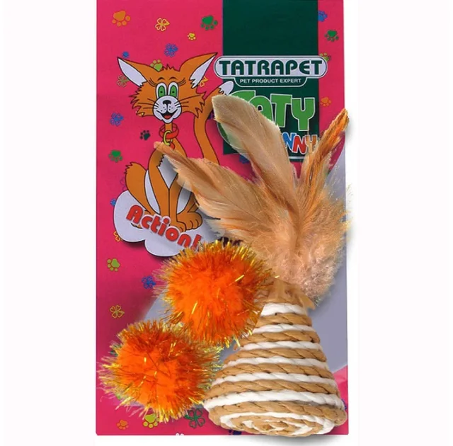 Игрушка Tatrapet Caty funny для кошек, набор 2 мячика+конус с перьями, 3.5-5 см