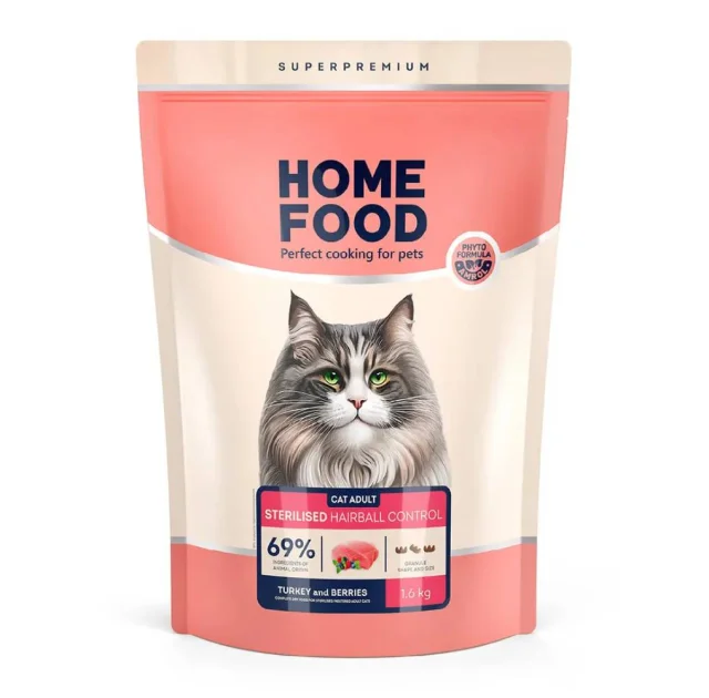 Сухий корм Home Food Hairball Control, для дорослих котів, для виведення шерсті, індичка та ягоди, 1.6 кг