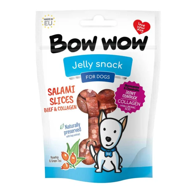 Ласощі для собак Bow wow слайси салямі з яловичини та колагену, 80 г