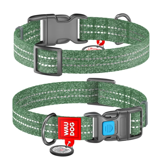 Нашийник Waudog Re-cotton для собак, з QR паспортом, бавовна/пластик, світловідбиваючий, ширина: 25 мм, довжина: 33-49 см, зелений