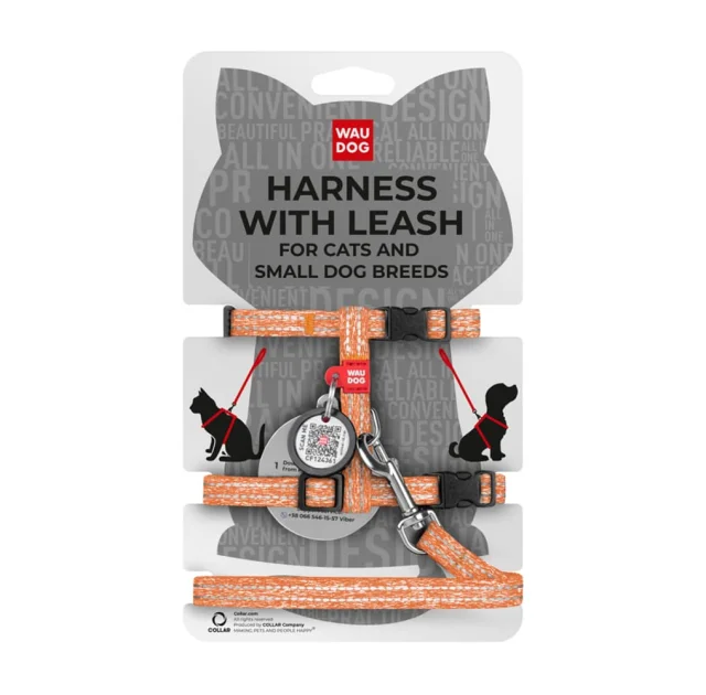 Шлей Waudog Re-cotton с QR паспортом с поводком, светоотражающий, из восстановленного хлопка, XS, Ш 10 мм, Д 122 см, В 25-40 см, оранжевый