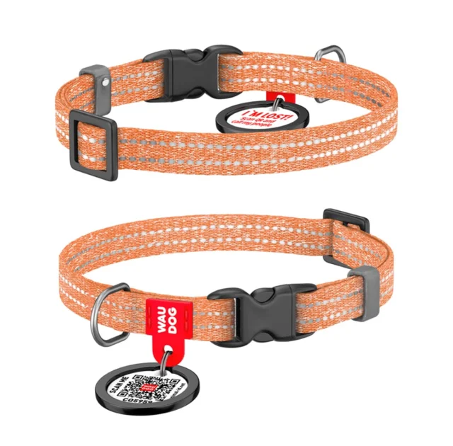 Нашийник Waudog Re-cotton з QR-паспортом для котів та дрібних собак, відновлена бавовна, світловідбиваючий, XS, помаранчевий