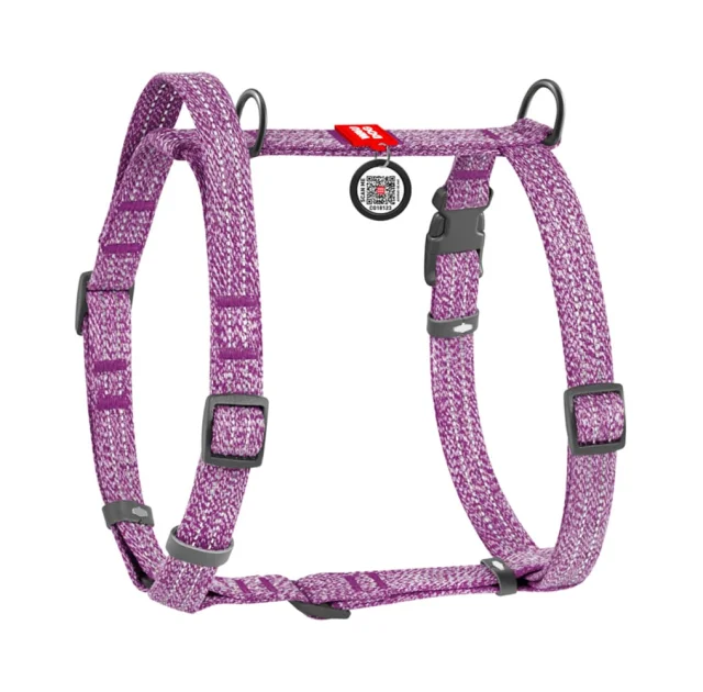 Шлей Waudog Re-cotton с QR-паспортом Н-образный для собак с ручкой из восстановленного хлопка анатомическая, светоотражающий, размер L, Ш: 25 мм, A 60-85 см, B 60-100 см, фиолетовый