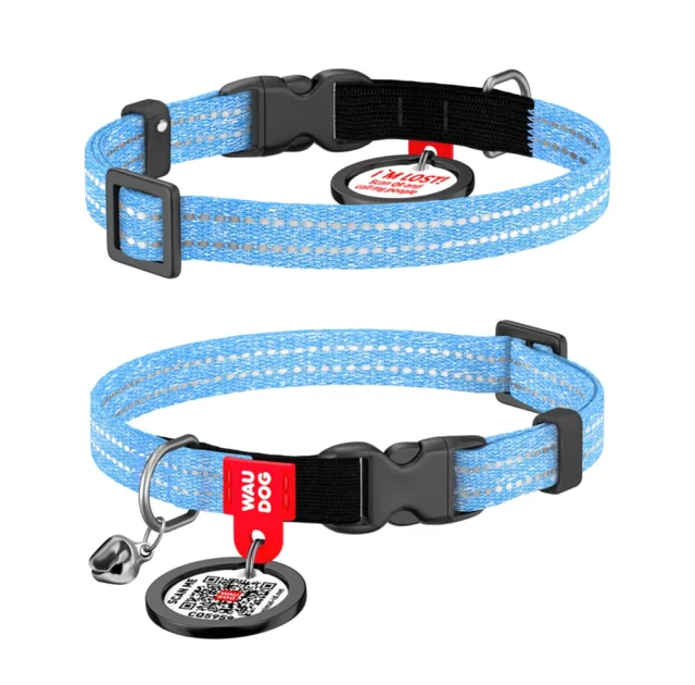 Нашийник Waudog Re-cotton з QR паспортом для котів з відновленої бавовни, світловідбиваючий, пластиковий фастекс, XS, Ш: 10 мм, Д: 20-30 см, блакитний