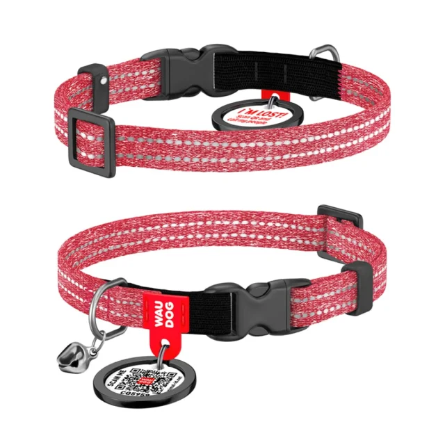 Нашийник Waudog Re-cotton з QR паспортом для котів, світловідбиваючий, пластиковий фастекс, XS, Ш: 10 мм, Д: 20-30 см, червоний