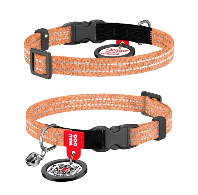 Нашийник Waudog Re-cotton з QR паспортом для котів, світловідбиваючий, пластиковий фастекс, XS, Ш: 10 мм, Д: 20-30 см, помаранчевий