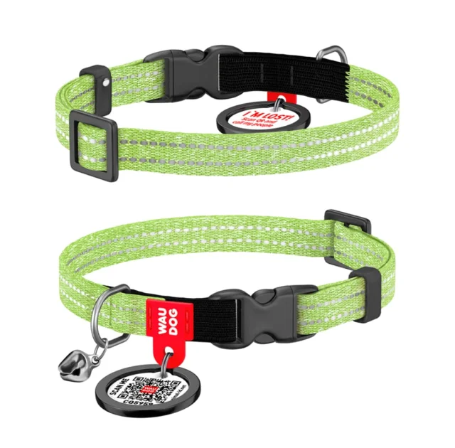 Нашийник Waudog Re-cotton з QR паспортом для котів, світловідбиваючий, пластиковий фастекс, XS, Ш: 10 мм, Д: 20-30 см, салатовий