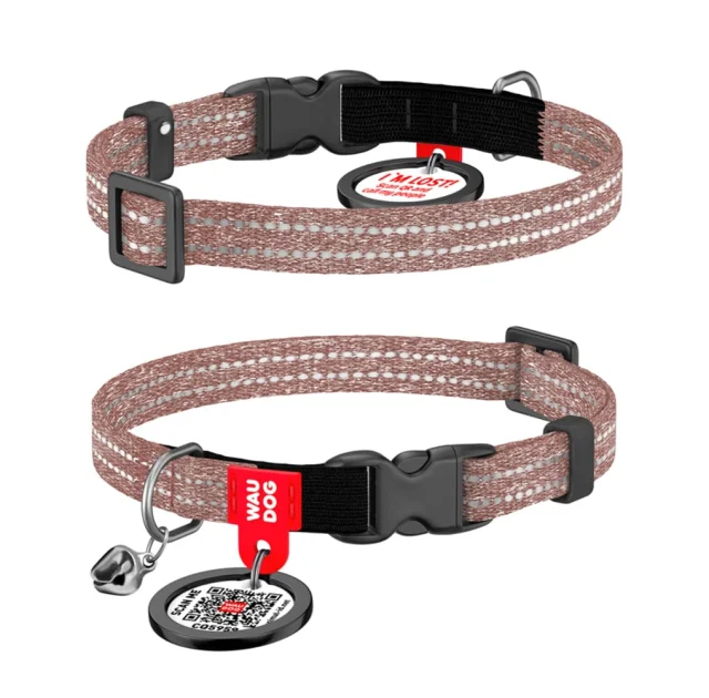 Нашийник Waudog Re-cotton з QR паспортом для котів, світловідбиваючий, пластиковий фастекс, XS, Ш: 10 мм, Д: 20-30 см, коричневий