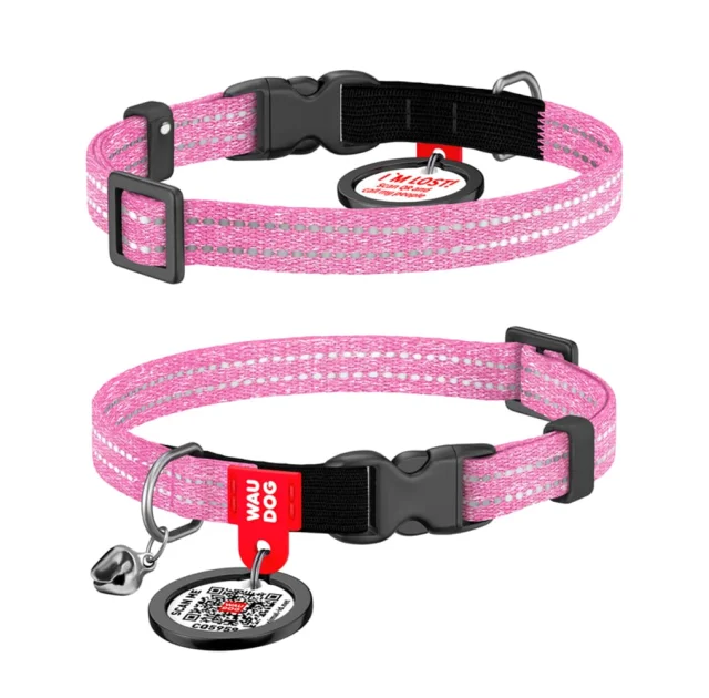 Нашийник Waudog Re-cotton з QR паспортом для котів, світловідбиваючий, пластиковий фастекс, XS, Ш: 10 мм, Д: 20-30 см, рожевий