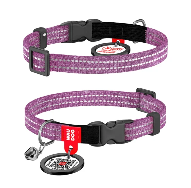 Нашийник Waudog Re-cotton з QR паспортом для котів, світловідбиваючий, пластиковий фастекс, XS, Ш: 10 мм, Д: 20-30 см, фіолетовий