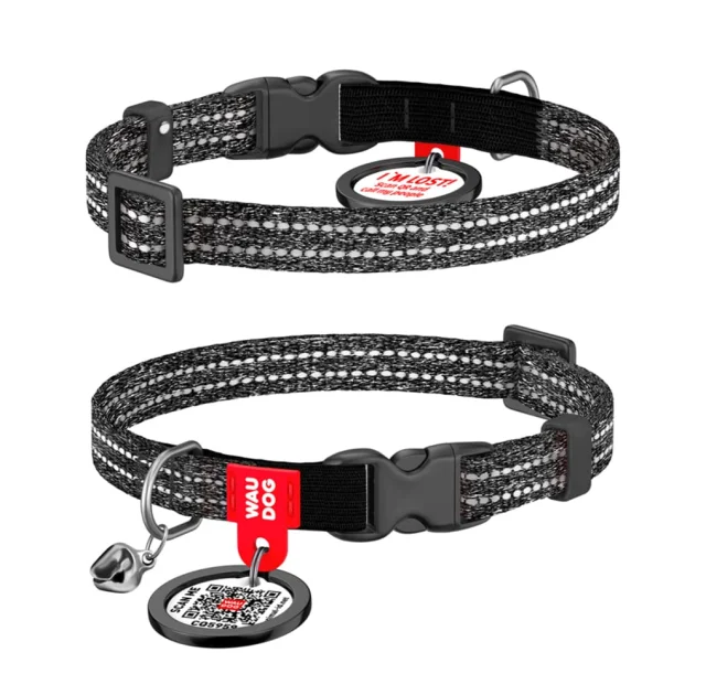 Нашийник Waudog Re-cotton з QR паспортом для котів, світловідбиваючий, пластиковий фастекс, XS, Ш: 10 мм, Д: 20-30 см, сірий