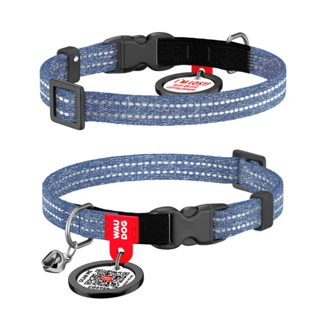 Нашийник Waudog Re-cotton з QR паспортом для котів, світловідбиваючий, пластиковий фастекс, XS, 10 мм, довжина 20-30 см, синій